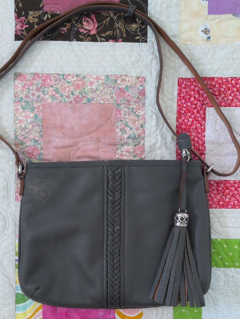 Brighton Gray Leather Crossbody with Braided Detail and Tassel
